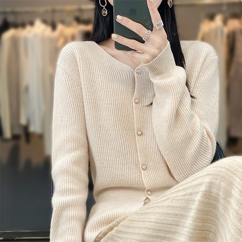 女士秋冬季新款舒适元宝针鱼尾式羊毛开衫,女装羊毛衫,奢优羊绒
