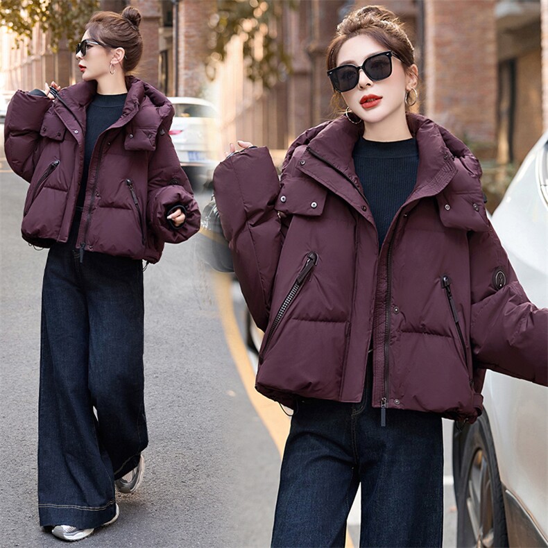 超好看紫色短款羽绒服女2024冬新款小个子宽松时髦洋气白鸭绒外套,女装羽绒服,伊仟回