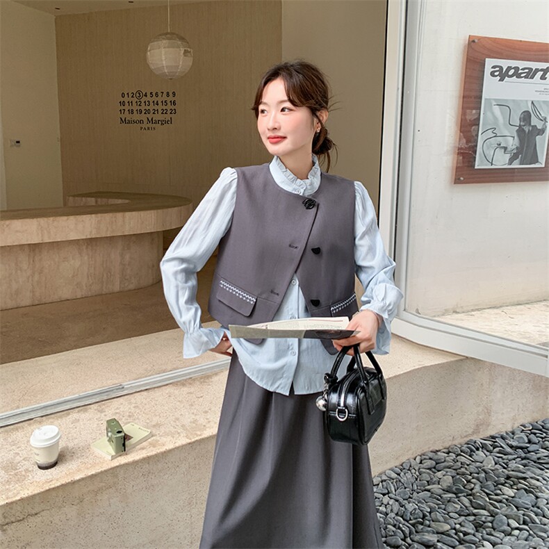 2026新款长袖衬衫+马甲+半身裙三件套套装，女装套装/套裙，纯色衣恋