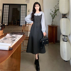 娃娃领衬衫拼接假两件连衣裙女2025春季新款小个子高级感长裙子图片