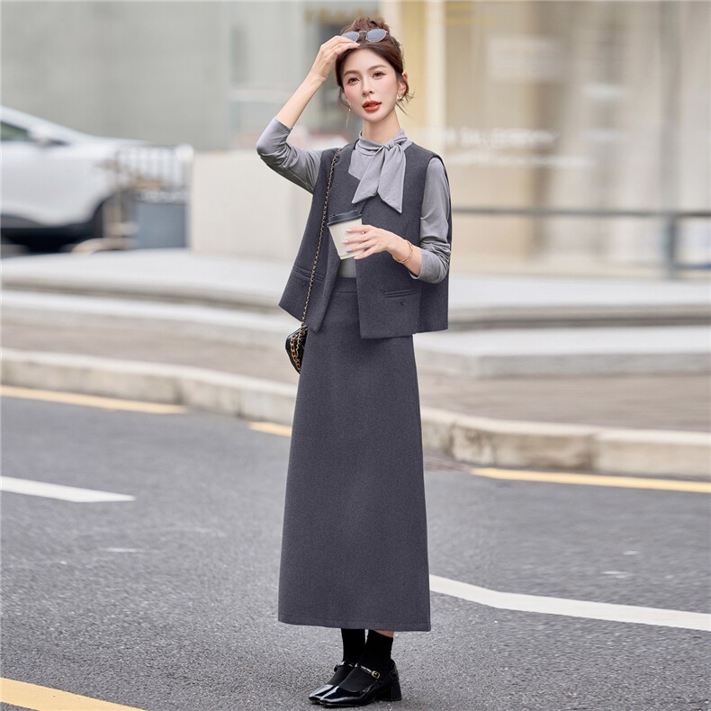 轻熟风通勤职业套装裙女2025秋季蝴蝶结气质衬衫马甲半身裙三件套,女装套装/套裙,意芙