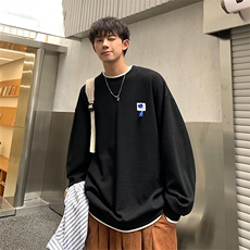 HQ1166-TP35-控价48华夫格卫衣男港风秋季撞色假两件圆领上衣，男装卫衣，电商A102-1