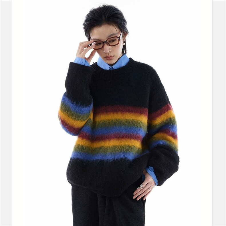 【大货】DM6549-批55抖音天猫原版高质量冬季彩虹条纹圆领毛衣潮,男装针织衫/毛衣,星座603-2
