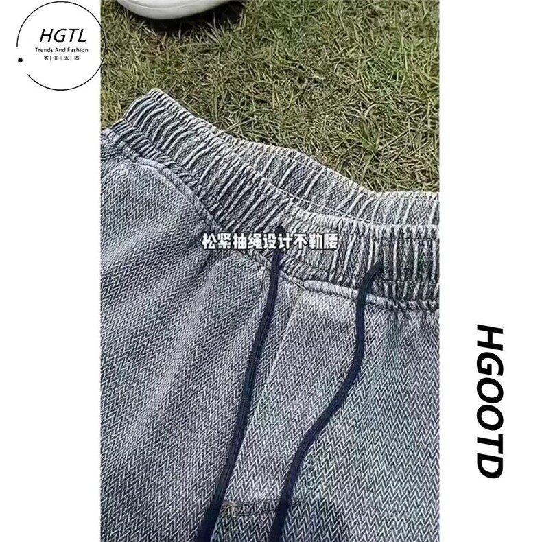 星空纹高腰牛仔短裤男夏季潮牌抽绳松紧腰裤子痞帅高级过膝五分裤,男装牛仔裤,星座1210-1