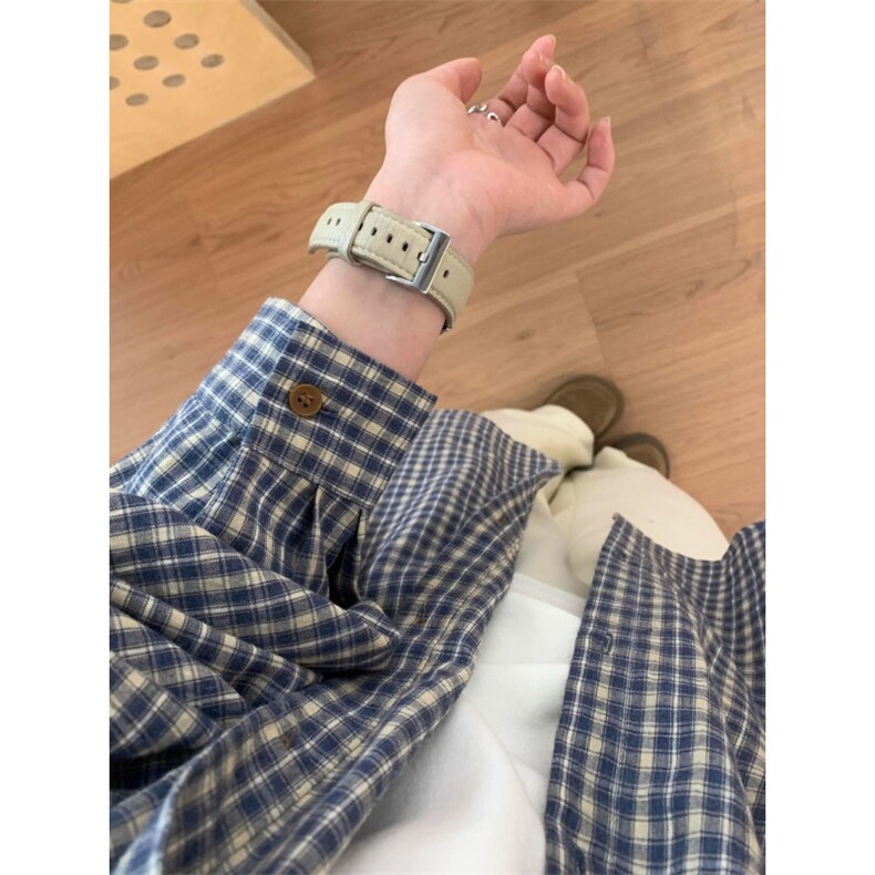 春夏新款复古蓝色长袖格子衬衫慵懒宽松内搭别致衬衣外套,男装衬衫,星座1210-1