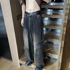 美式做旧抓痕牛仔裤男高街小众宽松直筒阔腿长裤子潮牌RK1882-P63，男装牛仔裤，星座412-3