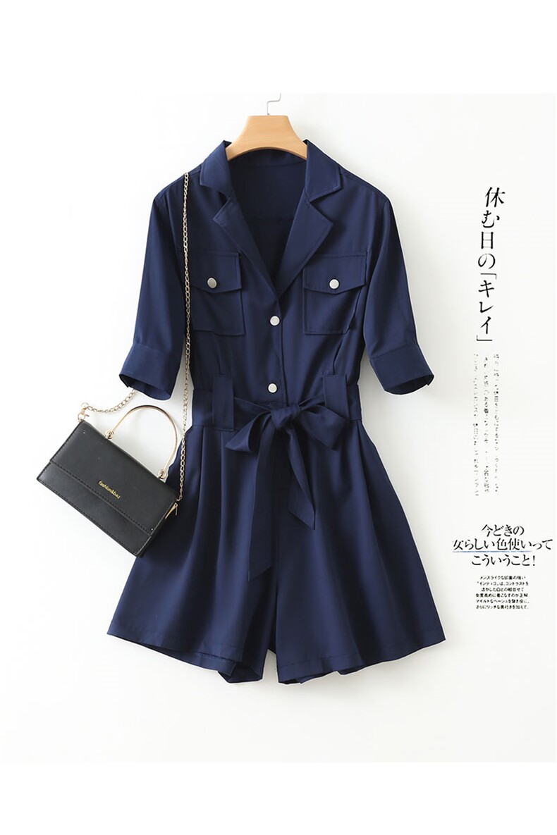 藏青工装连体裤女2021年夏季新款小个子绑带高腰显瘦阔腿连衣短裤,女装连体裤,艾乐芳