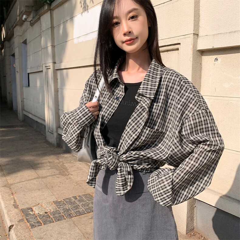 特批P32无差价2025春港风格子长袖衬衫中性风大码翻领衬衣男C5452,男装衬衫,电商A001-1
