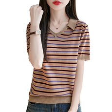 复古条纹翻领纯棉针织薄款T恤女2025夏季短袖宽松打底衫Polo领t恤，女装T恤，秋双羊绒