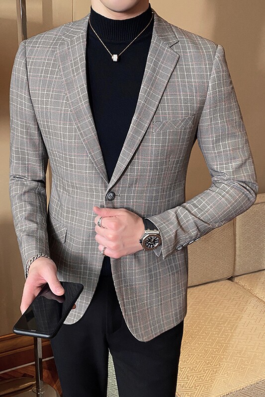 2021春新款西装男士复古格子西装西服西外套805-,男装西服,电商D225