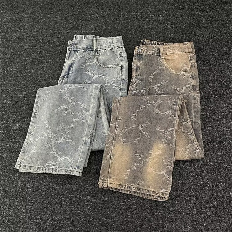 荆棘提花牛仔裤男美式高街潮牌做旧设计感宽松直筒裤WLGG600-P45,男装牛仔裤,星座1008
