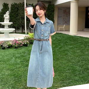 法式牛仔连衣裙女2024新款夏季长款小个子收腰女装a字裙子图片