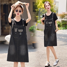 夏季新款时尚休闲背带裙子洋气收腰显瘦小个子假两件牛仔连衣裙女，女装牛仔裙，蓝诺裳