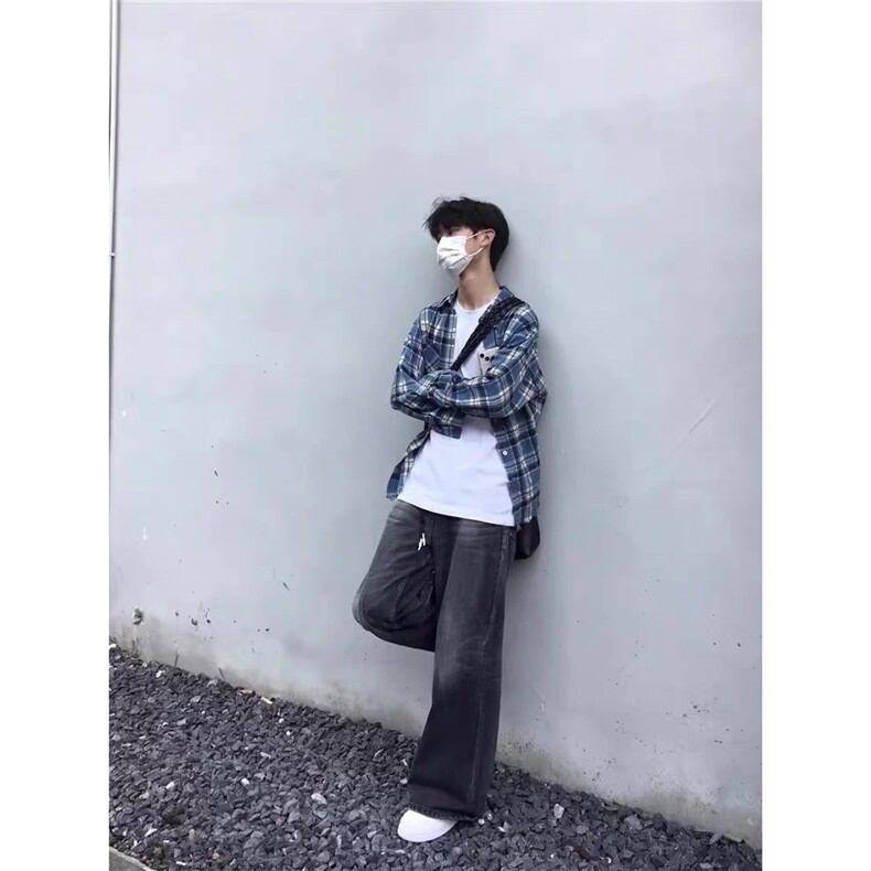 CS301-P35美式潮牌蓝色长袖格子衬衫男女生宽松百搭复古休闲,男装T恤,电商B323A