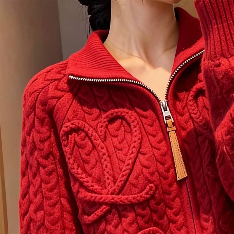 2026年秋季时尚百搭通勤简约休闲加厚新年红高领拉链开衫,女装羊毛衫,新胜羊绒
