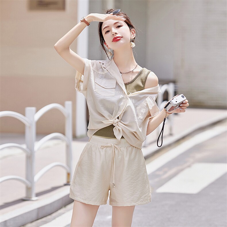 时尚休闲防晒三件套女2024夏新款短袖衬衫打底背心短裤穿搭一整套,女装套装/套裙,采品优优