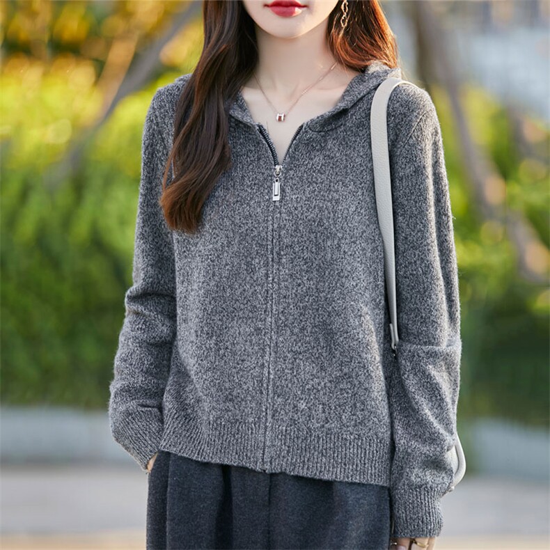 纯棉线连帽开衫女双拉链宽松全棉厚款针织毛衣不起球秋季外套,女装羊毛衫,暖烁羊绒
