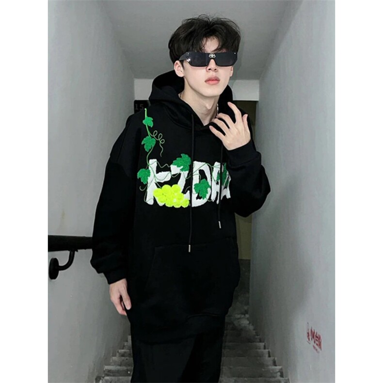 706-1-WY888-P75加绒P80秋季港风葡萄刺绣网球毛巾绣连帽卫衣,男装卫衣,星座706-1