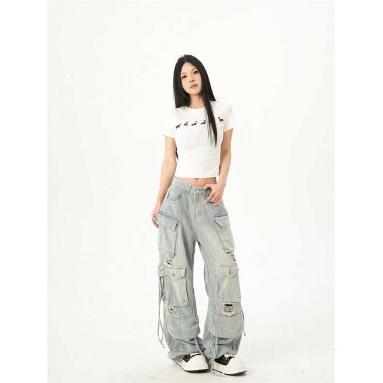 2003-P97美式辣妹重工阔腿拖地牛仔裤高腰宽松直筒裤,男装牛仔裤,电商A306A