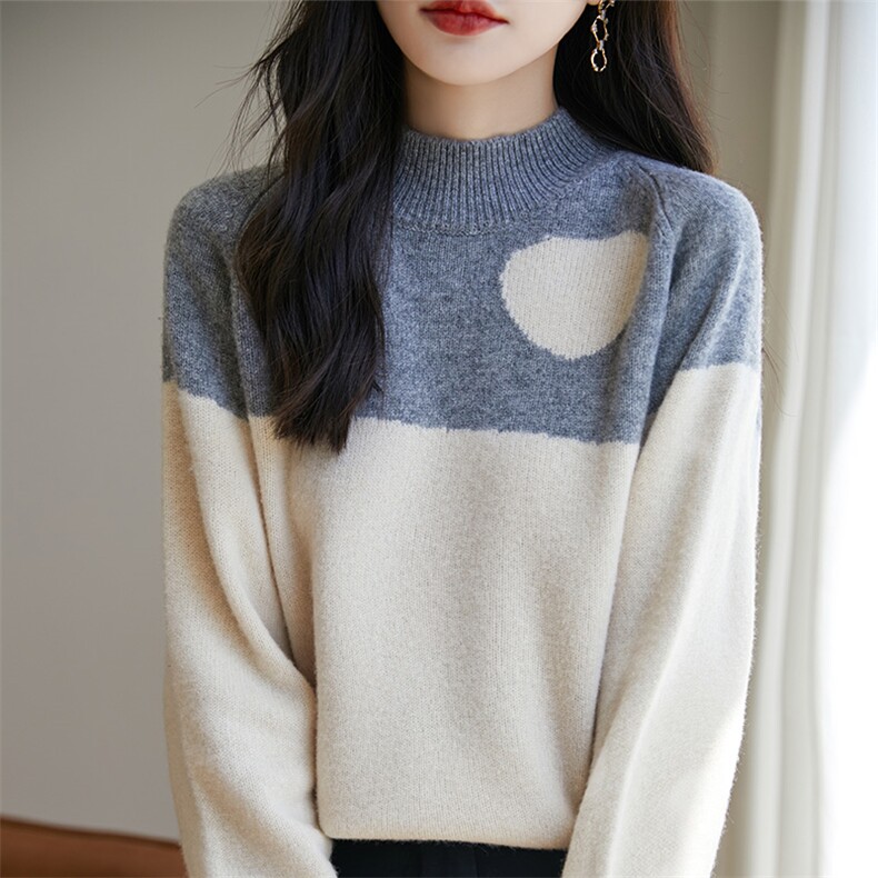 半高领拼色加厚100%纯羊毛衫女插肩袖针织打底毛衣宽松羊绒衫上衣,女装羊毛衫,宏杨羊绒