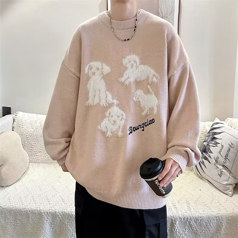 复古兔子剪影水貂毛圆领毛衣男秋季宽松M5665-P53,男装针织衫/毛衣,星座1109-3