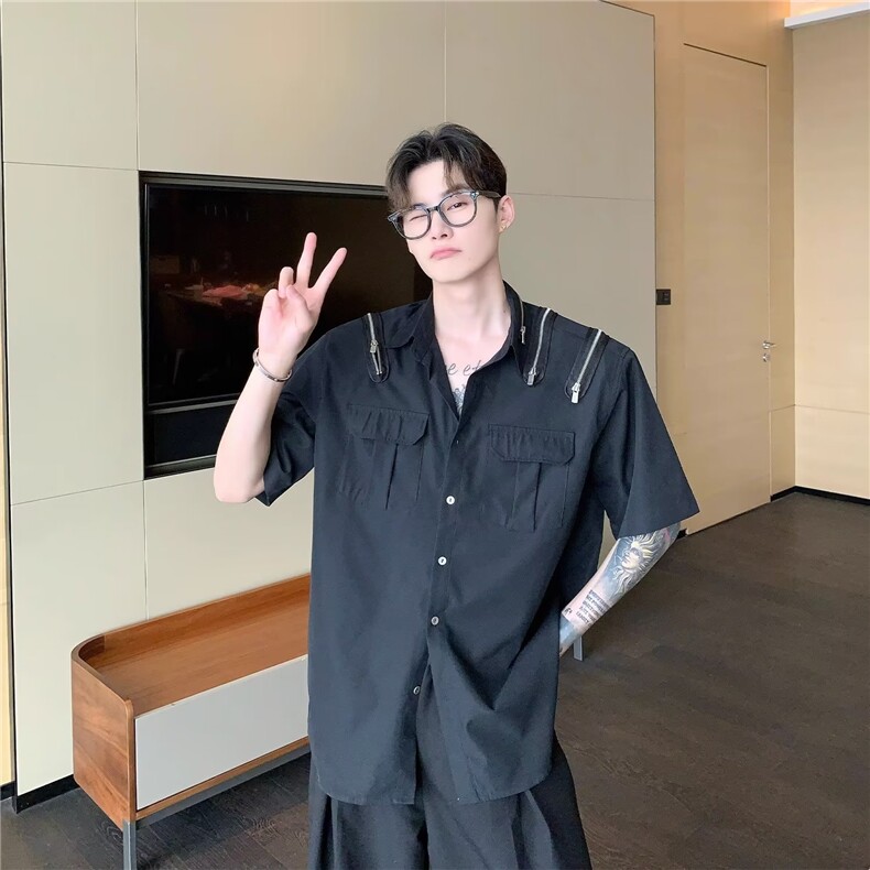 夏季拉链设计感休闲长袖衬衫男简约解构高级感工装白色衬衣潮CS16,男装衬衫,星座516A