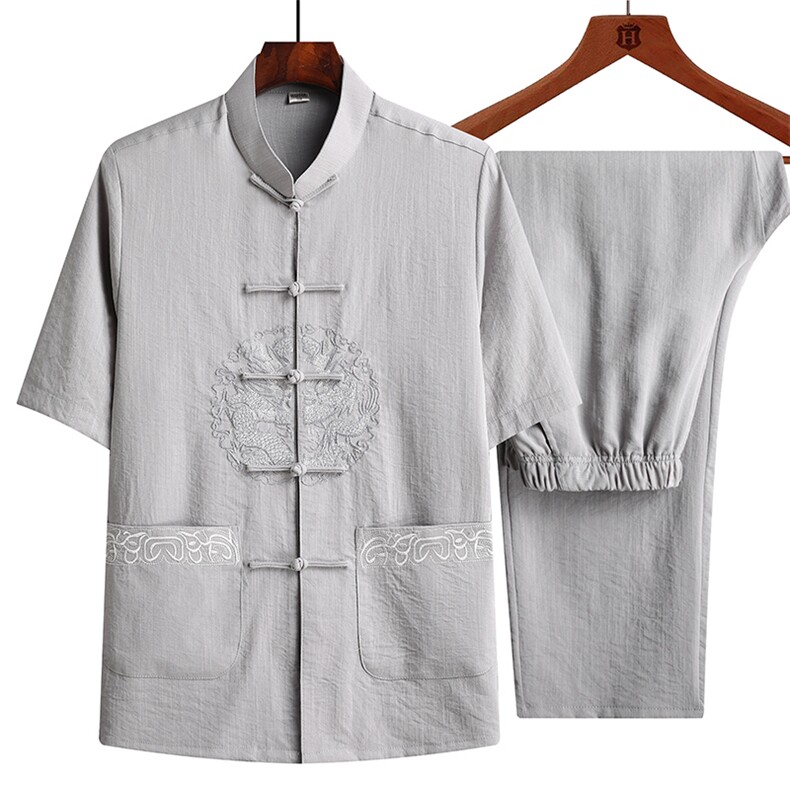 夏季风唐装中年棉麻短袖衬衫太极服宽松套装CF931-套装P90,男装休闲套装,星座1105-3