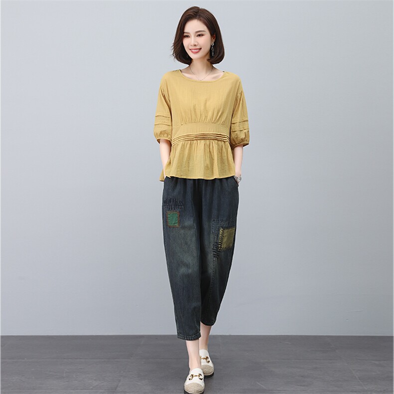 中年妈妈休闲套装女夏宽松时尚薄款中年妈妈棉麻上衣九分裤两件套，女装套装/套裙，叶笙衣