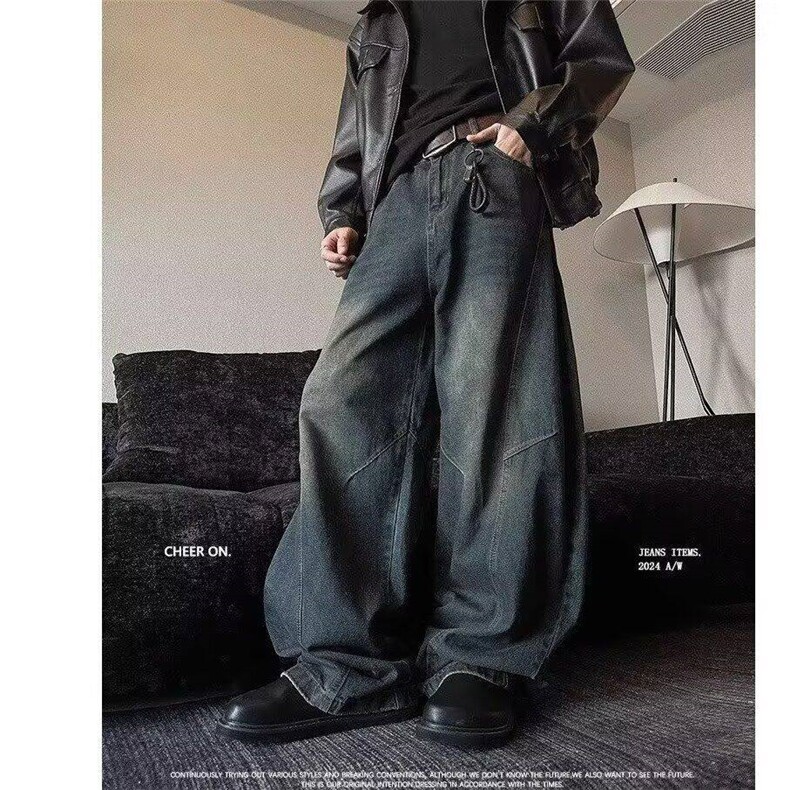 美式复古弯刀裤做旧男女小众阔腿宽松痞帅牛仔裤子LN10499-p58,男装牛仔裤,星座1008