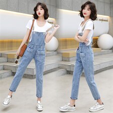 牛仔背带裤女高腰显瘦宽松牛仔背带裤吊带裤连体长裤子{码子偏小}，女装牛仔裤，布衣桑