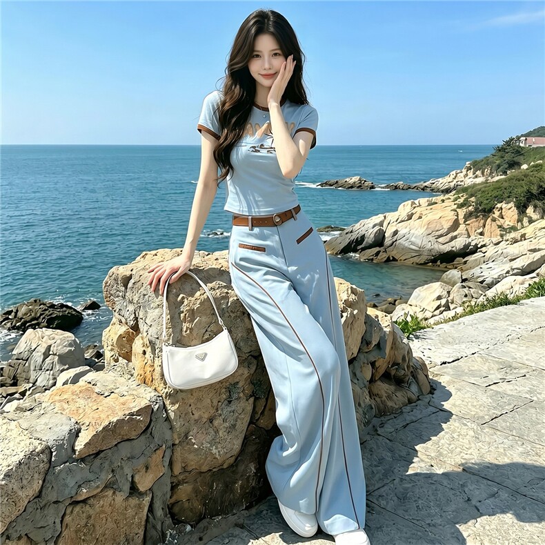 松弛感时尚减龄套装女夏季新款圆领印花短袖上衣阔腿长裤两件套潮,女装套装/套裙,江南