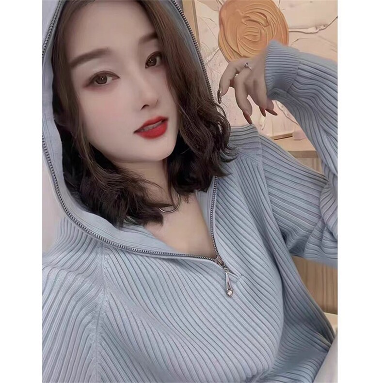 秋冬安迪绒连帽针织毛衣女套头坑条宽松显瘦帽衫拉链打底纯色百搭,针织衫/毛衣,佳绒包芯纱店
