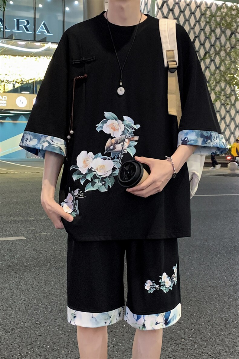 新中式风两件套夏季新中式禅意短袖t恤男套装A436-D221-P52,男装休闲套装,电商A436