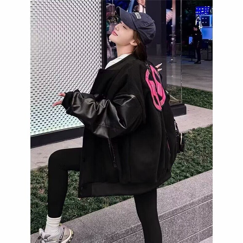 美式重磅毛呢拼接棒球服男春秋刺绣宽松休闲个性情侣夹克棉服外套图片