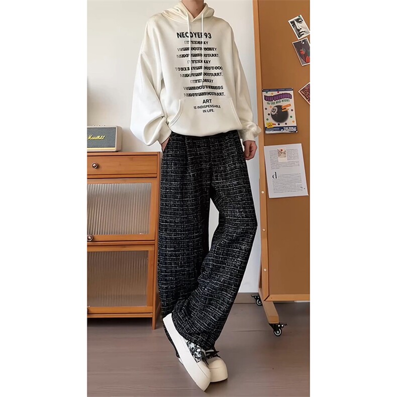 经典小香风文艺范休闲裤慵懒垂感法式时髦情侣款长裤K887P45控78,男装休闲裤,电商A102B