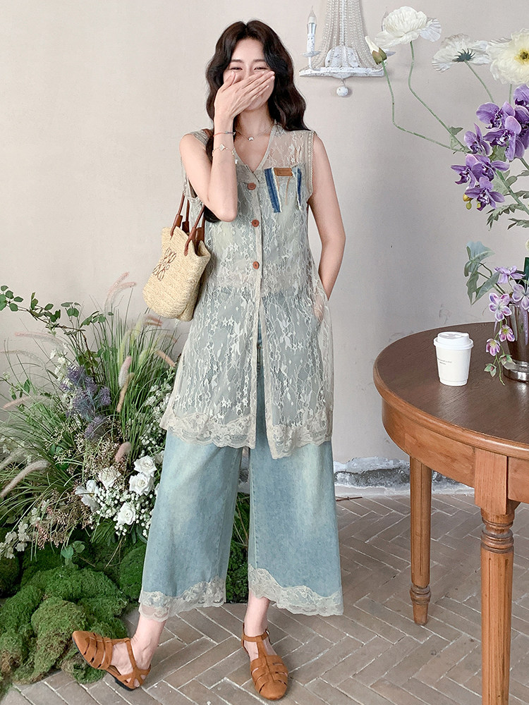 又a又飒蕾丝马甲七分牛仔阔腿裤套装女2025夏季新款小个子两件套,女装套装/套裙,浙宝305