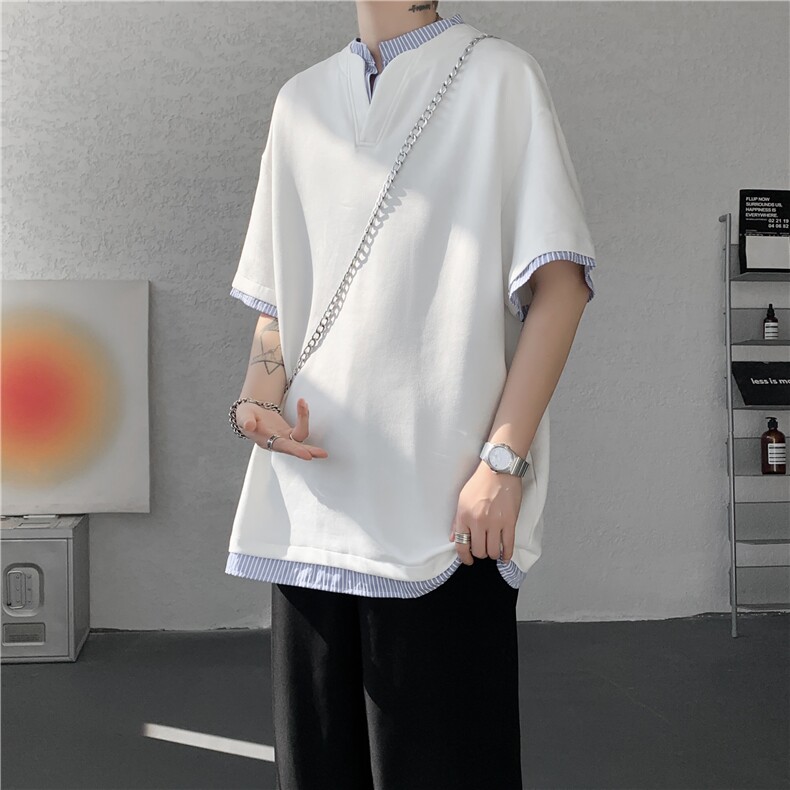 抖音品质夏季新款美式假两件立领宽松短袖B315-ST003-特p25控48,男装T恤,电商B315