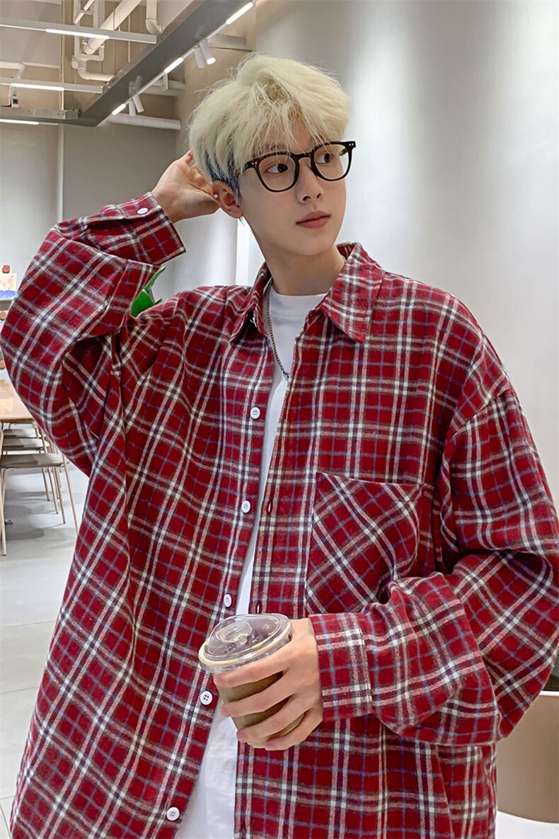 衬衣男秋季新款港风宽松大码磨毛格子长袖衬衫CS530-P38,男装衬衫,星座214-3