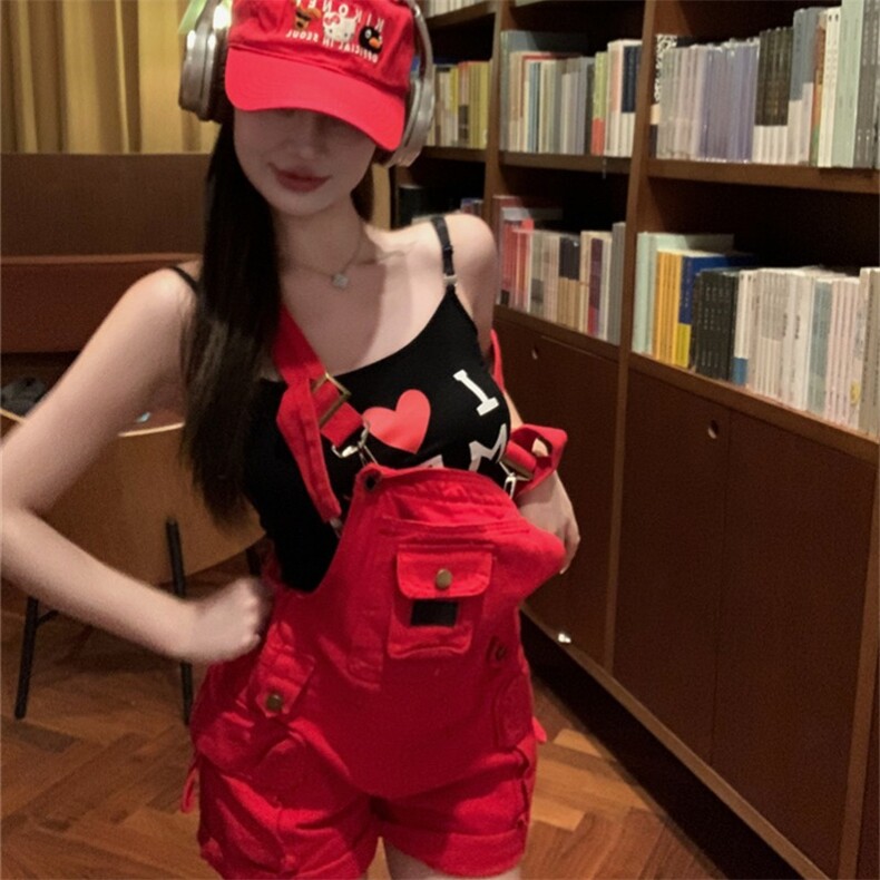 X354-P78红色工装背带裤夏季新款甜辣多巴胺穿搭小个子连体短裤,男装牛仔裤,星座911