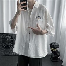 C3020-p28 菊花短袖衬衫潮牌港风衣服宽松潮流情侣ins衬衣图片