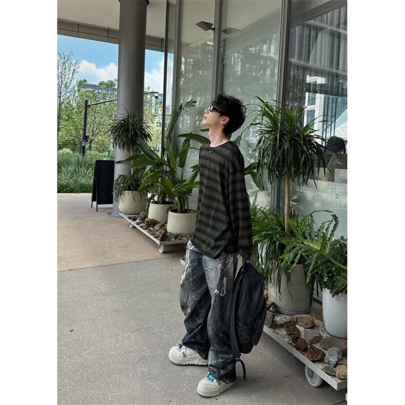 C316T9931P48初秋新款破洞长袖T恤宽松防晒军绿色条纹男,男装防晒衣,电商C316