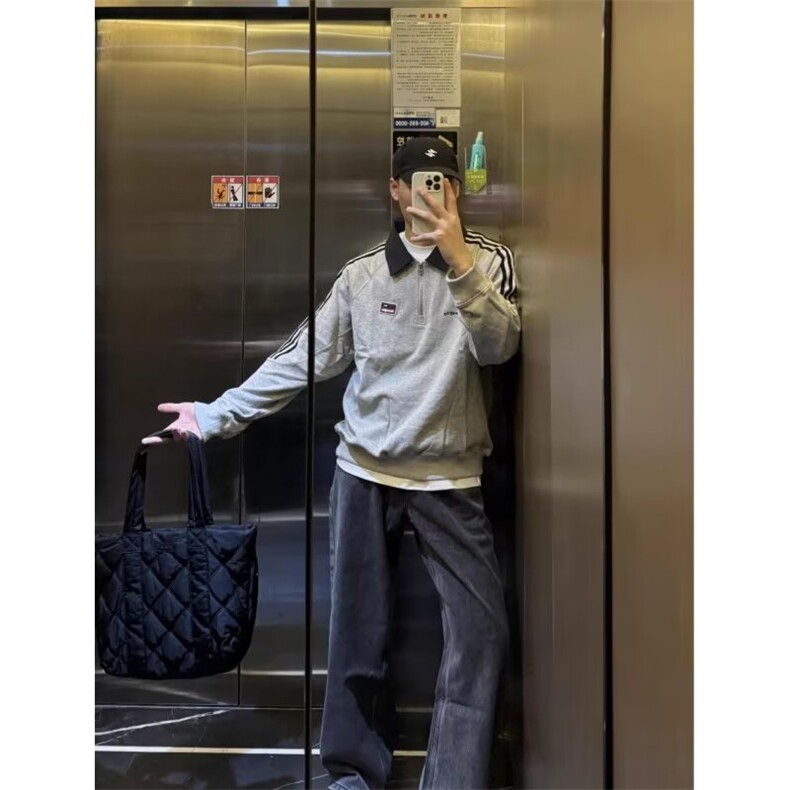 美式复古半拉链翻领卫衣男潮牌春秋季休闲宽松三条杠拼接长袖上衣,男装卫衣,星座516A