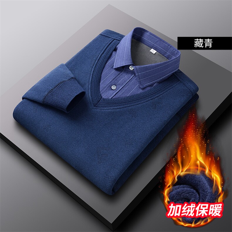 秋冬季新款2022POLO衫加绒加厚假两件男士长袖休闲百搭T恤P68,男装T恤,钱塘6003（原4033）