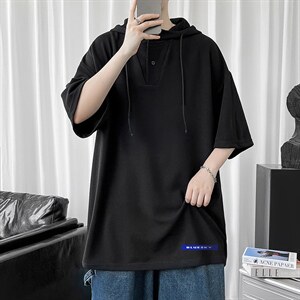 LD54202-P45 连帽短袖t恤男大码胖子带帽五分袖中袖图片