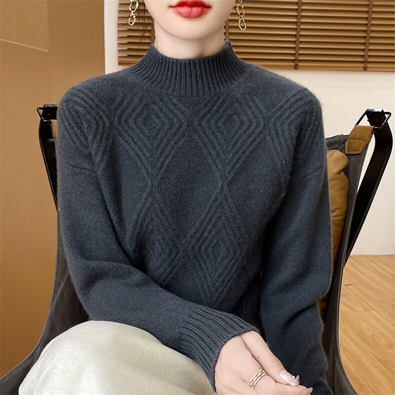 时尚百搭秋冬羊毛半高领女毛衣修身显瘦保暖针织衫，女装羊毛衫，邓利维