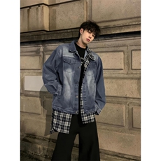 【有货】假两件牛仔外套男春秋格子衬衫拼接工装夹克JK8624CC-P85，男装夹克，星座1007（原301D）