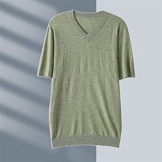 男士夏季休闲简约百搭纯色舒适V领针织短袖，男装T恤，琳华羊绒