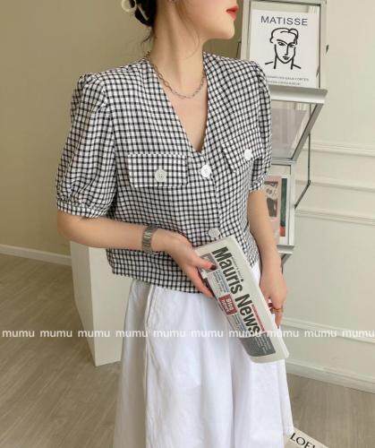 时尚休闲格子上衣，女装，沐·沐