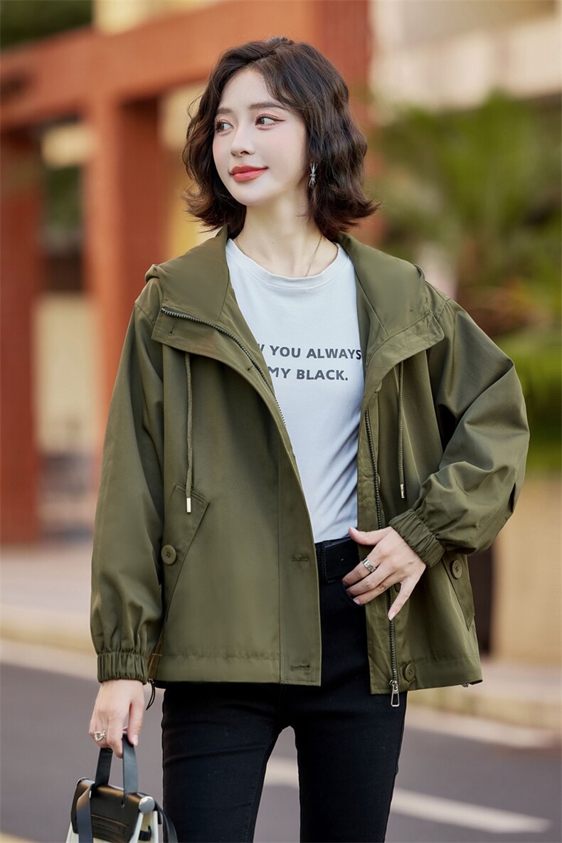 休闲连帽外套女春秋2024新款妈妈宽松百搭小个子风衣短款夹克上衣,女装短外套,以桐