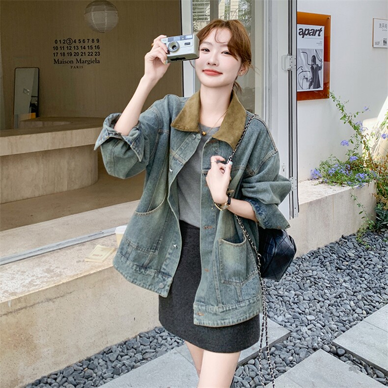 拼接翻领水洗翻领牛仔外套女2025春秋季新款韩版复古港风夹克上衣，女装牛仔外套，维壹